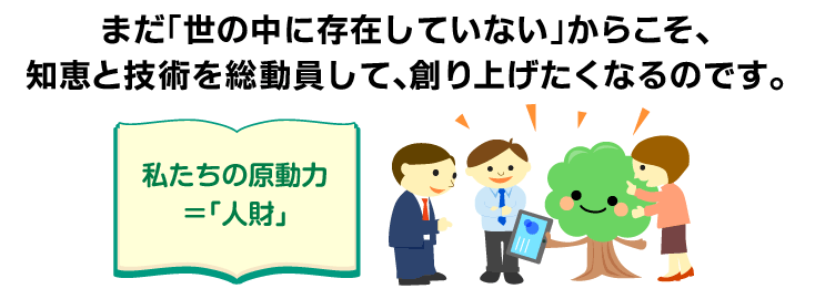 まだ「世の中に存在していない」からこそ、知恵と技術を総動員して、創り上げたくなるのです。 ＜私たちの原動力＝「人財」＞