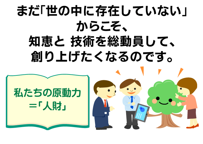 まだ「世の中に存在していない」からこそ、知恵と技術を総動員して、創り上げたくなるのです。 ＜私たちの原動力＝「人財」＞